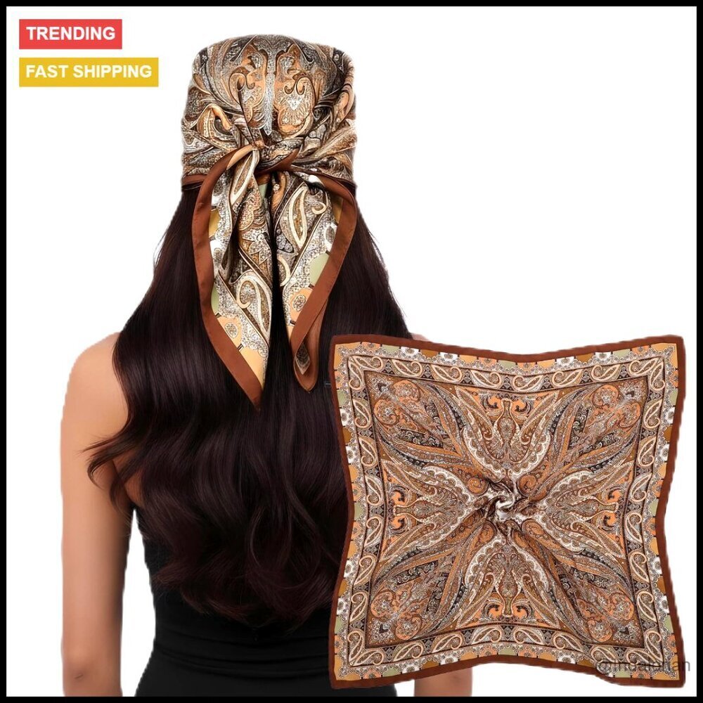 Silk Satin Head Scarf Square Vintage Paisley Elegant Boho Chic Accessory